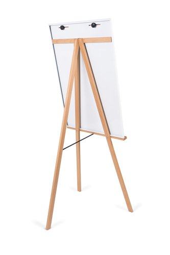 55686BS | The Angolo collection features straight lines, angular legs, and magnetic panels to fit into any décor. The inspiration for this collection is wood; it's used as a durable and sustainable material that brings a unique aesthetic to any workplace. Portability, versatility, and efficiency are three features that make this easel the best choice for dynamic companies. They can benefit from being flexible and managing space according to the needs of the moment. Its lightweight and sturdy 3-legged beech wood structure makes it easy to carry to any necessary location, from a meeting room to another workspace. Brainstorming and presenting ideas will be a breeze. The frameless dry-wipe lacquered steel surface is great for frequent use (10-year lifespan). You can write or draw on a flipchart pad, or on the board itself, and use magnets to display items. The adjustable clamp fits any flipchart pad with ease. There's also a full-length tray to keep flipchart and/or whiteboard markers nearby.