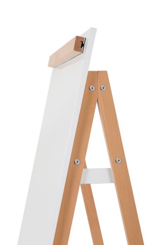 55700BS | The Angolo collection features straight lines, angular legs, and magnetic panels to fit into any décor. The inspiration for this collection is wood; it's used as a durable and sustainable material that brings a unique aesthetic to any workplace. Portability, versatility, and efficiency are three features that make this easel the best choice for dynamic companies. They can benefit from being flexible and managing space according to the needs of the moment. Fully mobile, with a sturdy beech wood structure and 4 locking casters, it's easy to move to any necessary location, from a meeting room to another workspace. Brainstorming and presenting ideas will be a breeze. The frameless dry-wipe lacquered steel surface is great for frequent use (10-year lifespan). You can write or draw on a flipchart pad, or on the board itself, and use magnets to display items. The adjustable clamp fits any flipchart pad with ease. There's also a full-length tray to keep flipchart and/or whiteboard markers nearby.