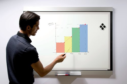 45235BS | Explain subjects, brainstorm ideas, and be creative. Decide, plan and analyse. Do it all on the Bi-Office Expression Premium Magnetic Whiteboard. It's a great fit for teaching and learning, and to enhance your work presentations. This makes it a brilliant add-on to training centres, schools, and workplaces, where efficient communication is the key to success. The ceramic steel sheet is a scratch-resistant, durable yet smooth writing surface. Ideal for intensive use, with a lifespan of more than 25 years. Write, erase, rewrite, and use magnets to display information on the dry wipe surface. Plus, you can also use the board as a projection screen. Aesthetically pleasing, its black edging frames and enhances the projected pictures while the anodised aluminium trim features a contemporary clean design. The whiteboard is easy and reliable to install with the included fixing kit, besides saving room space by being wall-mounted. It includes a tray to keep the accessories at hand.