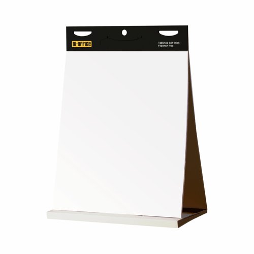BQ55484 | This Bi-Office Self-Stick Flipchart Pad offers a versatile and convenient way of writing notes for presentations and meetings. Simply peel off each page and affix it to a wall to write up meeting notes or brainstorming ideas, or hold the pad into a sturdy triangular shape to use as its own desktop easel, it even comes with a carrying handle. The solvent-free adhesive sticks firmly in place but can be easily removed without leaving any spots, marks or residue behind.