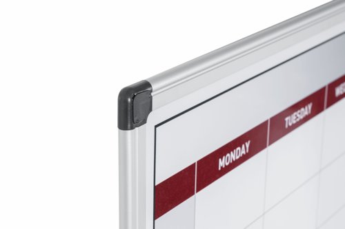 68867BS | The Bi-Office Maya Magnetic Week Planner is a versatile and durable tool to organize your schedule, tasks, and events for the days ahead. This planner is designed to be mounted on a wall, making it easily accessible and visible in your workspace or home office.The planner's robust aluminium frame gives it a sleek and modern appearance. The printed lacquered steel surface allows you to write and erase as needed, making it a reusable planning tool for years to come. The surface is also magnetic, allowing you to attach notes, memos, and other important documents with ease. This useful Week Planner is designed for maximum organization, allowing you to plan ahead and stay on top of deadlines and appointments. The days are clearly marked, and there is space for you to write in your tasks and events. With its stylish and modern design, this wall planner will look great in any office space.