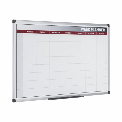 This Bi-Office Magnetic Week Planner is a versatile planning tool for the home, classroom or office. The drywipe board features a high quality, lacquered steel surface and aluminium frame. Pre-printed with the days of the week along the top, the planner provides ample space for appointments, reminders, notes, activities and more. This weekly planner measures 900 x 600mm and comes with a marker pen, pen tray, magnets and a wall mounting kit. Get organized and keep important tasks on notice.
