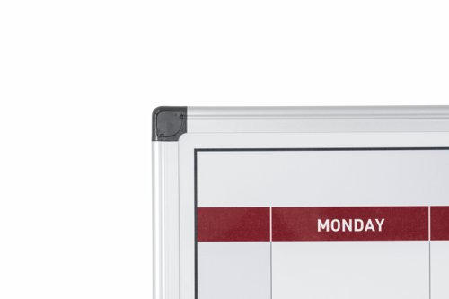 45592BS | The Bi-Office Maya Magnetic Week Planner is a versatile and durable tool to organize your schedule, tasks, and events for the days ahead. This planner is designed to be mounted on a wall, making it easily accessible and visible in your workspace or home office.The planner's robust aluminium frame gives it a sleek and modern appearance. The printed lacquered steel surface allows you to write and erase as needed, making it a reusable planning tool for years to come. The surface is also magnetic, allowing you to attach notes, memos, and other important documents with ease. This useful Week Planner is designed for maximum organization, allowing you to plan ahead and stay on top of deadlines and appointments. The days are clearly marked, and there is space for you to write in your tasks and events. With its stylish and modern design, this wall planner will look great in any office space.