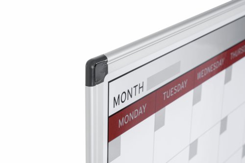 45599BS | The Bi-Office Maya Magnetic Month Planner is a versatile and durable tool to organize your schedule, tasks, and events for the month ahead. This planner is designed to be mounted on a wall, making it easily accessible and visible in your workspace or home office.The planner's robust aluminium frame gives it a sleek and modern appearance. The printed lacquered steel surface allows you to write and erase as needed, making it a reusable planning tool for years to come. The surface is also magnetic, allowing you to attach notes, memos, and other important documents with ease. This useful Month Planner is designed for maximum organization, allowing you to plan ahead and stay on top of deadlines and appointments. The days are clearly marked, and there is space for you to write in your daily tasks and events. With its stylish and modern design, this wall planner will look great in any office space.