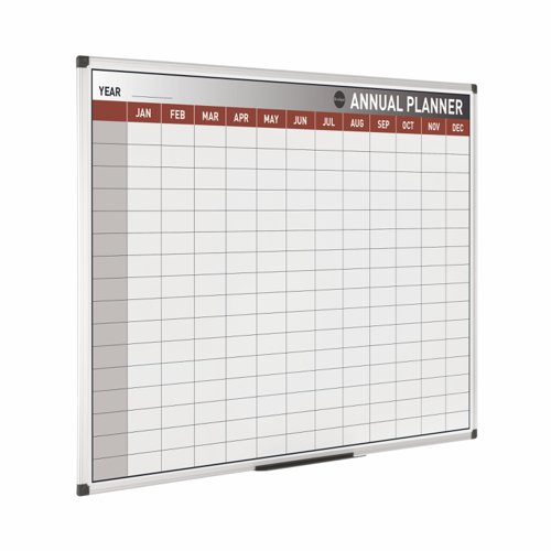 45606BS | The Bi-Office Magnetic Maya Annual Planner is a versatile and durable tool to organize your schedule, tasks, and events for the year ahead. This planner is designed to be mounted on a wall, making it easily accessible and visible in your workspace or home office.The planner's robust aluminium frame gives it a sleek and modern appearance. The printed lacquered steel surface allows you to write and erase as needed, making it a reusable planning tool for years to come. The surface is also magnetic, allowing you to attach notes, memos, and other important documents with ease. The planner's 12-month layout is designed for maximum organization, allowing you to plan ahead and stay on top of deadlines and appointments. The months are clearly marked, and there is space for you to write in your daily tasks and events. With its stylish and modern design, this wall planner will look great in any office space