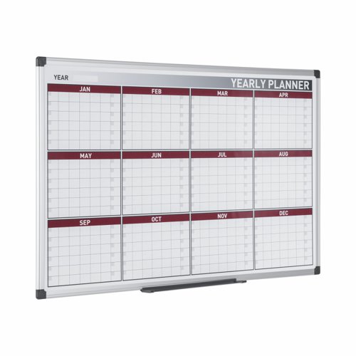 45641BS | The Bi-Office 12 Month Magnetic Maya Annual Planner is a versatile and durable tool to organize your schedule, tasks, and events for the year ahead. This planner is designed to be mounted on a wall, making it easily accessible and visible in your workspace or home office.The planner's robust aluminium frame gives it a sleek and modern appearance. The printed lacquered steel surface allows you to write and erase as needed, making it a reusable planning tool for years to come. The surface is also magnetic, allowing you to attach notes, memos, and other important documents with ease. The planner's 12-month layout is designed for maximum organization, allowing you to plan ahead and stay on top of deadlines and appointments. The months are clearly marked, and there is space for you to write in your daily tasks and events. With its stylish and modern design, this wall planner will look great in any office space.