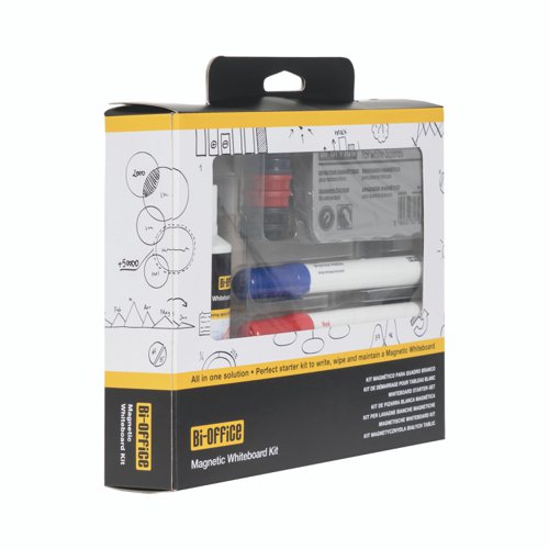 48112BS | The Bi-Office Magnetic Whiteboard Kit is the best all-in-one solution for drywipe magnetic whiteboards. This set includes 4 drywipe bullet tip markers (black, red, blue, and green), 6 magnets (assorted colours), 1 lightweight magnetic eraser, and 1 cleaning spray (125 ml). Display important items, write, draw, erase, and start all over again. Use this kit in your organising, planning, or monitoring activities, in the office or at home. Accessories like these allow you to use dry-erase magnetic whiteboards to their full potential.