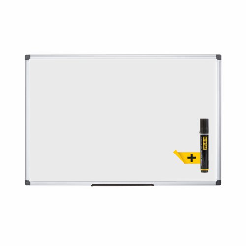 Great for classrooms and meeting rooms, this Bi-Office drywipe board features a slim anodised aluminium frame with a matching aluminium pen tray, which simply clips onto the frame in any position. The magnetic surface also allows you to attach posters, notes or magnetic erasers and pens to the board for ease of use. Supplied with wall fixings, this board measures W1800 x H1200mm.