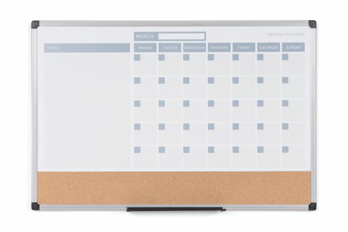 Bi-Office Maya 3-In-1 Magnetic Month Planner; Lacquered Steel And Cork Surface; Grey Plastic Frame; 900x600mm