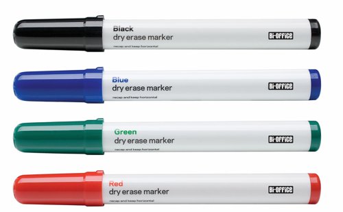 49106BS | The Bi-Office Drywipe Markers' long-lasting bright colour stands out on whiteboards. The non-toxic ink is easily wiped off and can be left on a dry-erase surface for weeks without causing any damage. Its fast-drying formula prevents you from lingering on ideas that do not matter. Unlike permanent markers, they can be used to write on whiteboards without ruining the surface or leaving a mess. You won't have to scrub off smudges or worry about staining. These markers are all vibrant and have no noticeable smell. They have a good grip and a narrow tip, which makes it easier to write and draw with especially fine details. The lid closes properly, keeping the marker from drying out. Accessories like these allow you to use drywipe whiteboards to their full potential. Supplied as a pack of 4 markers.