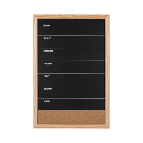 Bi-Office Essentials Weekly Combo Planner Chalkboard - 400 x 600 mm - Non-Magnetic and Cork Surface, Natural Pine Frame