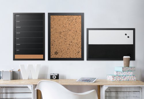 A great set to keep things organized and display information in a simple and effective way at home or in the office. Includes one notice board, featuring a smooth black and  natural cork texture surface, one weekly planner chalkboard and cork combo, and a magnetic dry erase and cork combination board
