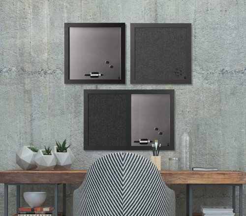 49267BS | The Black Shadow set of 3 assorted message boards is a charming combination of elegance and functionality. Mastering organisation doesn't have to be boring anymore. This set includes 1 black fabric notice board, 1 magnetic and fabric combination board, and 1 magnetic silver-finished board. All together or separate, these boards are a great fit for your office and also for your kitchen or home workspace. The Drywipe silver-finished steel surfaces are suited for frequent use. Write notes with dry erase markers and post items with any type of magnets. The black felt surface is smooth and pin-friendly. Use push pins to put up pictures, memos or lists. The sleek and elegant black frames are a match for any décor style. Memo boards like these are a great way to keep everyone informed and to post reminders. They're a trendy way to get creative or set goals. The set includes installation kits for easy horizontal or vertical wall mount.