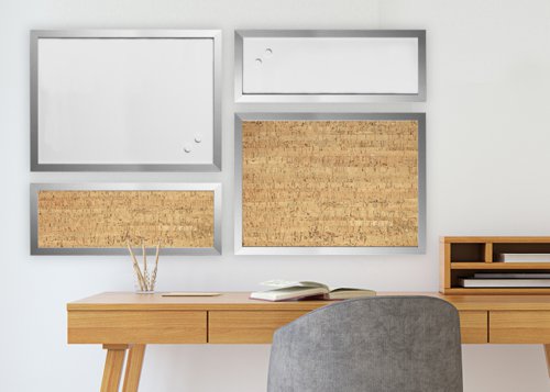 The Positive Flow Silver Message Boards set of 4 assorted message boards is a charming combination of elegance and functionality. Mastering organisation doesn't have to be boring anymore. This assortment includes two magnetic dry erase boards and two notice boards, featuring a smooth and elegant cork surface, which will help you keep things organized. Very easy to hang and maintain, these boards will add just the right amount of shine and style to your offices and homes. All together or separate, these boards are a great fit for your office and also for your kitchen or home workspace. The Drywipe magnetic lacquered steel surface is suited for frequent use. Write notes with dry erase markers and post items with any type of magnets. The cork surface is self-healing and pin-friendly. Use push pins to put up pictures, memos or lists. The elegant silver frames are a match for any décor style. Memo boards like these are a great way to keep everyone informed and to post reminders. They're a trendy way to get creative or set goals. The set includes installation kits for easy horizontal or vertical wall mount.