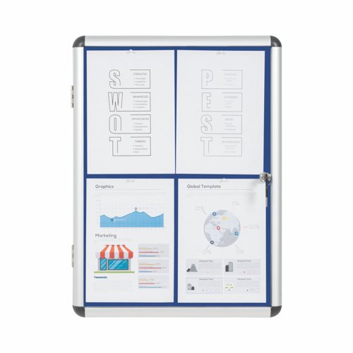46061BS | Bi-Office Enclore lockable display cases are ideal to display important messages in corridors, schools or common areas. Make sure everyone is on the same page and acknowledges important information or any tasks that need to be considered. Add colour to increase the usability and perception of the display case. This is a strong, secure, and lightweight solution to display important notes, pictures, and so on, in the common areas of labs, schools, and other public spaces. The frame is made of aluminium, with rounded corners for increased safety. There is clear visibility of the displayed items due to the swinging acrylic door, which can be locked to protect the inside materials from hampering, manipulation, or the weather. This lockable board comes with 2 keys, so you can keep a key in a safe location, to use as a spare if the other one gets lost. The set also includes a wall mount kit for easy installation.