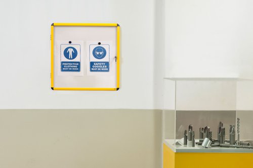 Bi-Office Ultrabrite lockable display cases have a highly visible aluminium yellow frame, ideal for an industrial environment to display and highlight important information or safety instructions, as well as keep the documents saved from dust or water splashes. The magnetic lacquered steel surface means that you can attach your notices with a simple magnet and when you remove it, it’s as good as new. It's lockable, strong, and lightweight solution.There is clear visibility of the displayed items due to the swinging acrylic door, which can be locked to protect the inside materials from hampering, manipulation, or the weather. This lockable board comes with 2 keys, so you can keep a key in a safe location, to use as a spare if the other one gets lost. The set also includes a wall mount kit for easy installation.