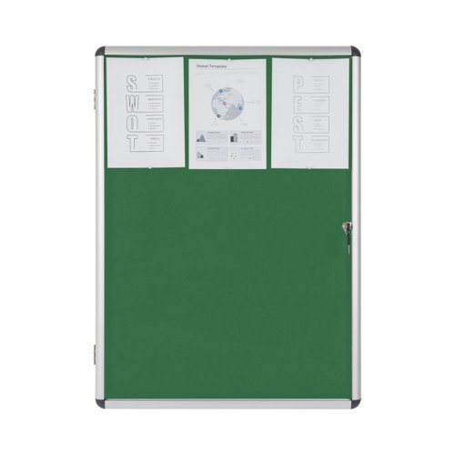 46075BS | Bi-Office Enclore lockable display cases are ideal to display important messages in corridors, schools or common areas. Make sure everyone is on the same page and acknowledges important information or any tasks that need to be considered. Add colour to increase the usability and perception of the display case. This is a strong, secure, and lightweight solution to display important notes, pictures, and so on, in the common areas of labs, schools, and other public spaces. The frame is made of aluminium, with rounded corners for increased safety. There is clear visibility of the displayed items due to the swinging acrylic door, which can be locked to protect the inside materials from hampering, manipulation, or the weather. This lockable board comes with 2 keys, so you can keep a key in a safe location, to use as a spare if the other one gets lost. The set also includes a wall mount kit for easy installation.