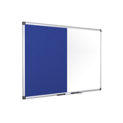 46152BS | The Bi-Office Maya Non-Magnetic Combination Board is a 2-in-1 product and a sober, adaptable, and efficient option for your home or office. The blue felt surface is smooth, pinnable and hook-and-loop-friendly. Make sure everyone is on the same page and acknowledges important information or any tasks that need to be considered. Bring a bit of life to the office with colour, and increase the usability and perception of the board. The non-magnetic drywipe surface is suited for moderate use, easy to write on and to clean. You can write text, draw, erase, and do it all over again. Let the creativity flow within the workplace. The set includes a tray to keep accessories at hand and an installation kit for an easy wall mount. Horizontal or vertical wall mount with screws that go through the holes in the plastic corners. This is the simplest, sturdiest, and most robust mounting system around. As a wall-mounted board, it's a cost-effective solution that saves room space.