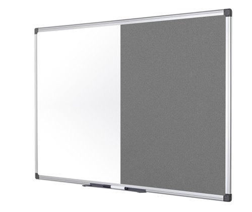 46159BS | The Bi-Office Maya Non-Magnetic Combination Board is a 2-in-1 product and a sober, adaptable, and efficient option for your home or office. The grey felt surface is smooth, pinnable and hook-and-loop-friendly. Make sure everyone is on the same page and acknowledges important information or any tasks that need to be considered. Bring a bit of life to the office with colour, and increase the usability and perception of the board. The non-magnetic drywipe surface is suited for moderate use, easy to write on and to clean. You can write text, draw, erase, and do it all over again. Let the creativity flow within the workplace. The set includes a tray to keep accessories at hand and an installation kit for an easy wall mount. Horizontal or vertical wall mount with screws that go through the holes in the plastic corners. This is the simplest, sturdiest, and most robust mounting system around. As a wall-mounted board, it's a cost-effective solution that saves room space.
