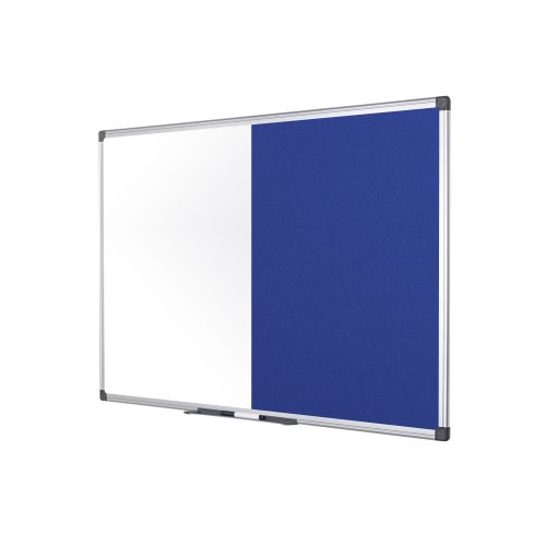 46166BS | The Bi-Office Maya Magnetic Combination Board is a 2-in-1 product and a sober, adaptable, and efficient option for your home or office. The blue felt surface is smooth, pinnable and hook-and-loop-friendly. Make sure everyone is on the same page and acknowledges important information or any tasks that need to be considered. Bring a bit of life to the office with colour, and increase the usability and perception of the board. You can also separate important notices by the use of red, blue, green, and so on. The right colour will definitely create more impact. The Drywipe lacquered steel surface is suited for frequent use. You can write text, draw, or make diagrams, erase them and do it all over again. Plus, you can use magnets to display information. Let creativity flow within the workplace. The set includes a tray to keep accessories at hand and an installation kit for an easy wall mount. Horizontal or vertical wall mount with screws that go through the holes in the plastic corners. This is the simplest, sturdiest, and most robust mounting system around. As a wall-mounted board, it's a cost-effective solution that saves room space.