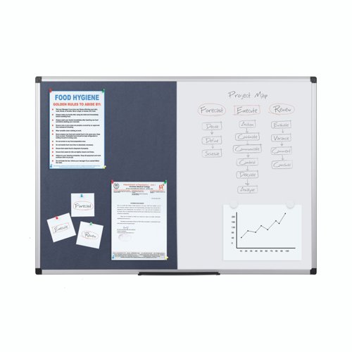 The Bi-Office Maya Magnetic Combination Board is a 2-in-1 product and a sober, adaptable, and efficient option for your home or office. The blue felt surface is smooth, pinnable and hook-and-loop-friendly. Make sure everyone is on the same page and acknowledges important information or any tasks that need to be considered. Bring a bit of life to the office with colour, and increase the usability and perception of the board. You can also separate important notices by the use of red, blue, green, and so on. The right colour will definitely create more impact. The Drywipe lacquered steel surface is suited for frequent use. You can write text, draw, or make diagrams, erase them and do it all over again. Plus, you can use magnets to display information. Let creativity flow within the workplace. The set includes a tray to keep accessories at hand and an installation kit for an easy wall mount. Horizontal or vertical wall mount with screws that go through the holes in the plastic corners. This is the simplest, sturdiest, and most robust mounting system around. As a wall-mounted board, it's a cost-effective solution that saves room space.