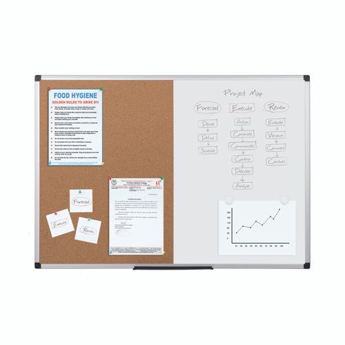 The Bi-Office Maya Magnetic Combination Board is a 2-in-1 product and a sober, adaptable, and efficient option for your home or office. The cork surface is self-healing and resistant, no marks are visible when the push pins are removed. Pin boards are a great way to keep important information organised and to post reminders. The Drywipe lacquered steel surface is suited for frequent use. You can write text, draw, or make diagrams, erase them and do it all over again. Plus, you can use magnets to display information. Let creativity flow within the workplace. The set includes a tray to keep accessories at hand and an installation kit for an easy wall mount. Horizontal or vertical wall mount with screws that go through the holes in the plastic corners. This is the simplest, sturdiest, and most robust mounting system around. As a wall-mounted board, it's a cost-effective solution that saves room space.