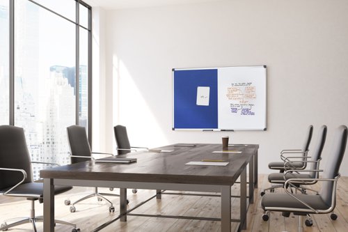 46194BS | The Bi-Office Maya Non-Magnetic Combination Board is a 2-in-1 product and a sober, adaptable, and efficient option for your home or office. The blue felt surface is smooth, pinnable and hook-and-loop-friendly. Make sure everyone is on the same page and acknowledges important information or any tasks that need to be considered. Bring a bit of life to the office with colour, and increase the usability and perception of the board. The non-magnetic drywipe surface is suited for moderate use, easy to write on and to clean. You can write text, draw, erase, and do it all over again. Let the creativity flow within the workplace. The set includes a tray to keep accessories at hand and an installation kit for an easy wall mount. Horizontal or vertical wall mount with screws that go through the holes in the plastic corners. This is the simplest, sturdiest, and most robust mounting system around. As a wall-mounted board, it's a cost-effective solution that saves room space.