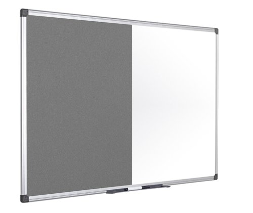 46215BS | The Bi-Office Maya Magnetic Combination Board is a 2-in-1 product and a sober, adaptable, and efficient option for your home or office. The grey felt surface is smooth, pinnable and hook-and-loop-friendly. Make sure everyone is on the same page and acknowledges important information or any tasks that need to be considered. Bring a bit of life to the office with colour, and increase the usability and perception of the board. The magnetic dry wipe surface can be used to write, erase and write again making it perfect to update information, take notes, present ideas, and many more similar actions, and its magnetic capabilities allows the use of magnetic accessories to post notes without damaging them. The set includes a tray to keep accessories at hand and an installation kit for an easy wall mount. Horizontal or vertical wall-mount with screws that go through the holes in the plastic corners. This is the simplest, sturdiest, and most robust mounting system around. As a wall-mounted board, it's a cost-effective solution that saves room space.
