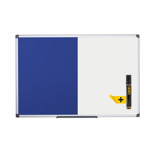 The Bi-Office Maya Magnetic Combination Board is a 2-in-1 product and a sober, adaptable, and efficient option for your home or office. The blue felt surface is smooth, pinnable and hook-and-loop-friendly. Make sure everyone is on the same page and acknowledges important information or any tasks that need to be considered. Bring a bit of life to the office with colour, and increase the usability and perception of the board. The magnetic dry wipe surface can be used to write, erase and write again making it perfect to update information, take notes, present ideas, and many more similar actions, and its magnetic capabilities allows the use of magnetic accessories to post notes without damaging them. The set includes a tray to keep accessories at hand and an installation kit for an easy wall mount. Horizontal or vertical wall-mount with screws that go through the holes in the plastic corners. This is the simplest, sturdiest, and most robust mounting system around. As a wall-mounted board, it's a cost-effective solution that saves room space.