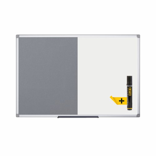 The Bi-Office Maya Magnetic Combination Board is a 2-in-1 product and a sober, adaptable, and efficient option for your home or office. The grey felt surface is smooth, pinnable and hook-and-loop-friendly. Make sure everyone is on the same page and acknowledges important information or any tasks that need to be considered. Bring a bit of life to the office with colour, and increase the usability and perception of the board. The magnetic dry wipe surface can be used to write, erase and write again making it perfect to update information, take notes, present ideas, and many more similar actions, and its magnetic capabilities allows the use of magnetic accessories to post notes without damaging them. The set includes a tray to keep accessories at hand and an installation kit for an easy wall mount. Horizontal or vertical wall-mount with screws that go through the holes in the plastic corners. This is the simplest, sturdiest, and most robust mounting system around. As a wall-mounted board, it's a cost-effective solution that saves room space.