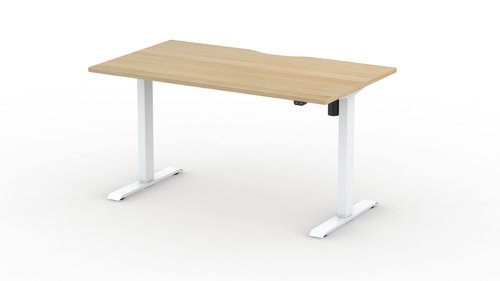 Sit Stand Single Motor Electric Desk 1200Wx700D OAK top with 1 central scallop and white frame