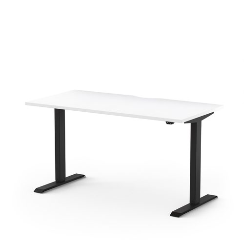 Sit Stand Single Motor Electric Desk 1600Wx800D white top with 1 central scallop  and black frame 