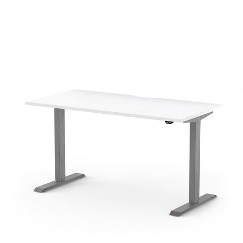 Sit Stand Single Motor Electric Desk 1200Wx700D white top with 1 central scallop  and silver frame 