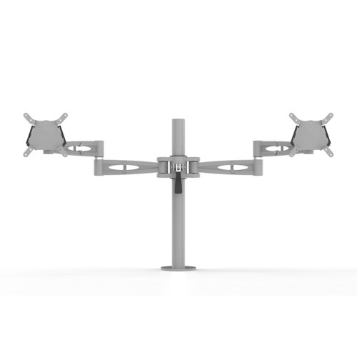 Pole-mounted monitor arm for twin screens height adjustable with quick release in Silver finish 