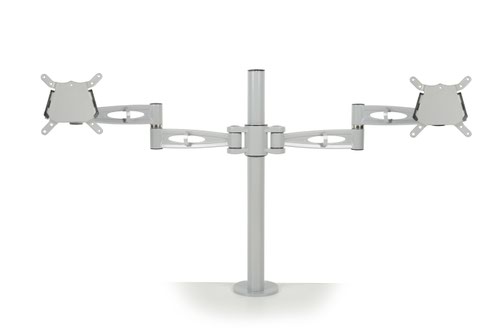 Pole-mounted monitor arm for twin screens height adjustable with quick release in silver finish 