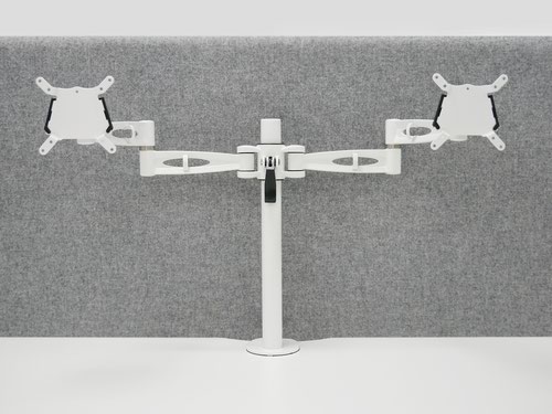 Pole-mounted monitor arm for twin screens height adjustable with quick release in white finish 