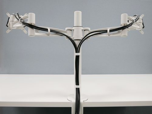 Pole-mounted monitor arm for twin screens height adjustable with quick release in silver finish  - PMA522-SL