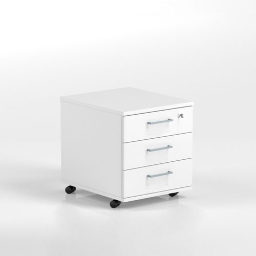 OPTIMA Mobile pedestal 3 stationery foil wrapped drawers  415Wx510Hx500D White finish with metallic handle 