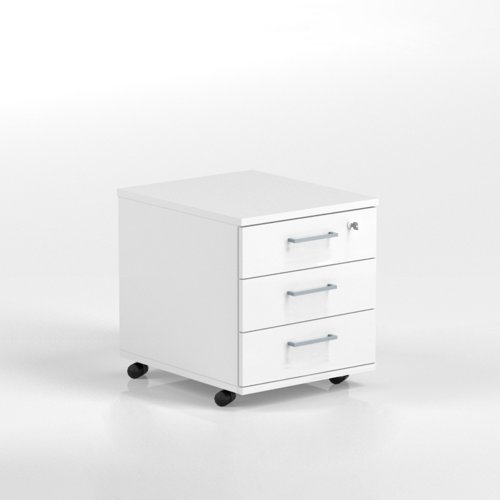 OPTIMA Mobile pedestal 3 stationery foil wrapped drawers  415Wx510Hx500D White finish with Metallic handle 