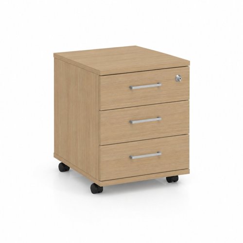 OPTIMA Mobile pedestal 3 stationery foil wrapped drawers  415Wx510Hx500D Amber Oak finish with Metallic handle 