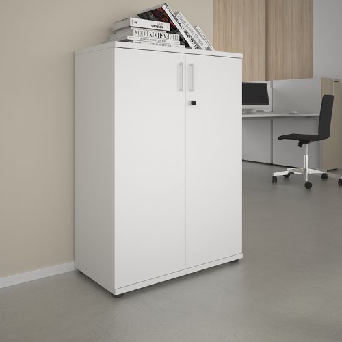 UNI 2 door Melamine Cabinet with two shelves 1120Hx425Dx800W white carcass and metallic handles 