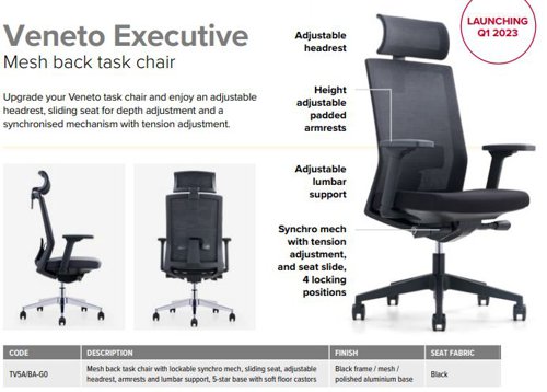 Veneto Executive Mesh back task Chair with adjustable arms rest, lumbar support and headrest 