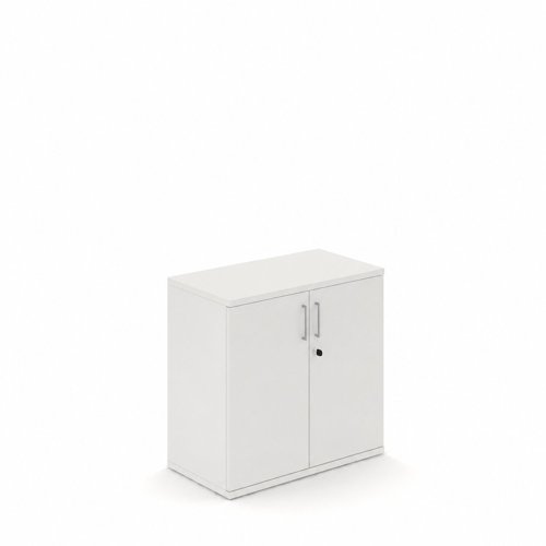 UNI Two door Melamine Cabinet with one shelf 754Hx425Dx800W White carcass and Metallic handles 