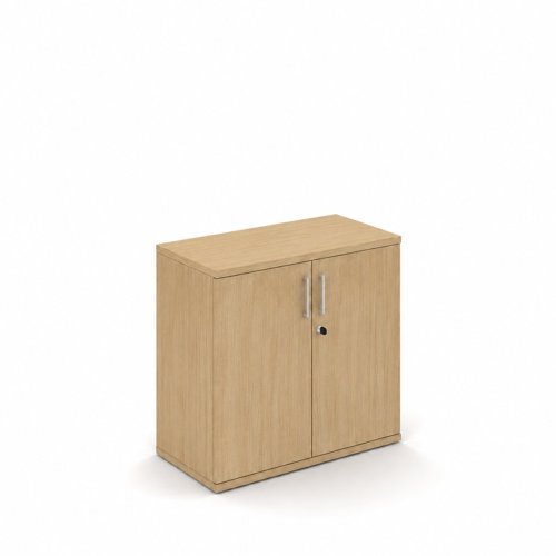 UNI Two door Melamine Cabinet with one shelf 754Hx425Dx800W Amber Oak carcass and Metallic handles 