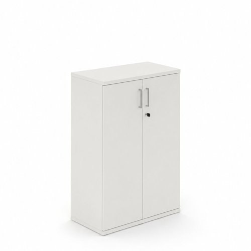 UNI Two door Melamine Cabinet with two shelves 1120Hx425Dx800W  White carcass and Metallic handles 