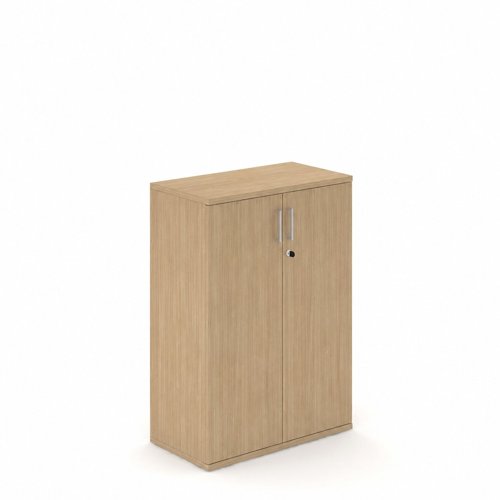 UNI Two door Melamine Cabinet with two shelves 1120Hx425Dx800W Amber Oak carcass and Metallic handles 
