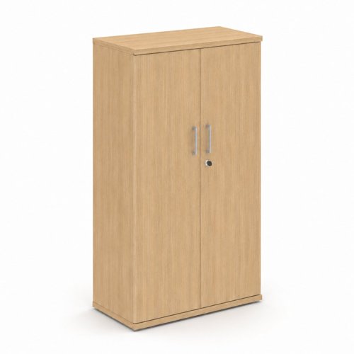 UNI Two door Melamine Cabinet with three shelves 1508Hx425Dx800W Amber Oak carcass and Metallic handles 