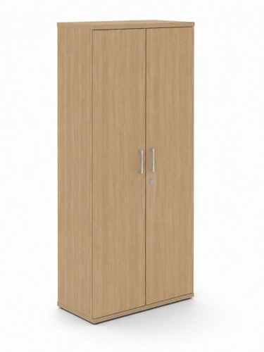 UNI Two door Melamine Cabinet with four shelves 1874Hx425Dx800W Amber Oak carcass and Metallic handles 