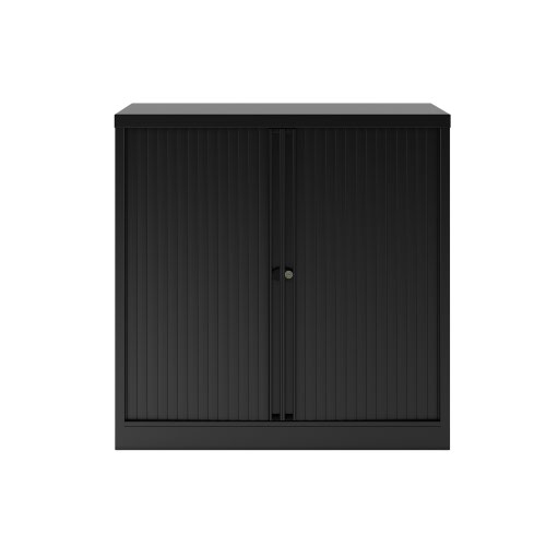 Essential Two Door Tambour Unit Supplied empty 1000mmHx1000mmWx470mmD in Black carcass and black shutter 