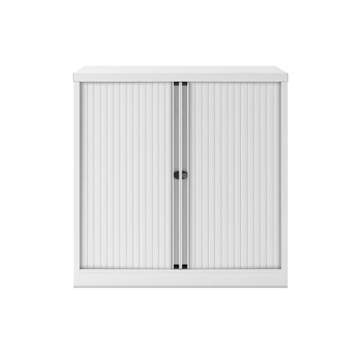 Essential Two Door Tambour Unit Supplied empty 1000mmHx1000mmWx470mmD in Traffic white Carcass and Extra White Shutter